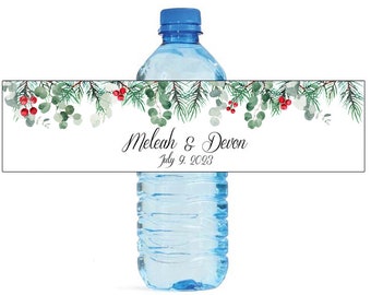 Mistletoe and Pine Leaves Winter Wedding Anniversary Bridal Shower Birthday Water Bottle Labels Customizable easy to use, self stick labels