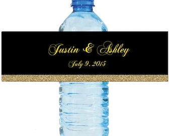 Black and Gold Glitter  Wedding Anniversary Water Bottle Labels Customizeable labels