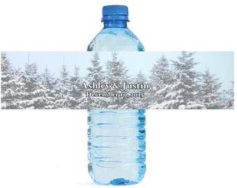 Winter Wedding with snow on trees Wedding Anniversary Water Bottle Labels Customizable easy to use, self stick labels