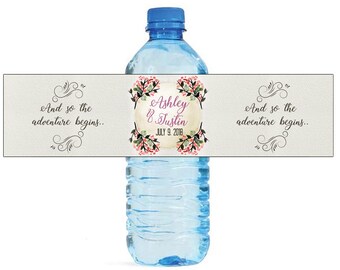 And So The Adventure Begins floral Wedding Water Bottle Labels Great for Engagement Bridal Shower Party