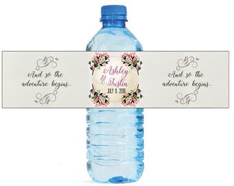 And So The Adventure Begins floral Wedding Water Bottle Labels Great for Engagement Bridal Shower Party