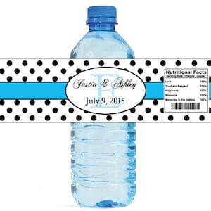 Polka Dot Blue Monogram Water Bottle Labels Great for Engagement Bridal Shower Wedding Anniversary Birthday Party