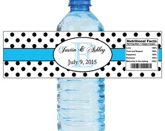 Polka Dot Blue Monogram Water Bottle Labels Great for Engagement Bridal Shower Wedding Anniversary Birthday Party