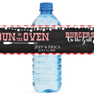 Bun in The Oven Burgers On The Grille Chalkboard & Gingham Baby Shower Water Bottle Labels Party easy to apply and use cookout BBQ Baby Q
