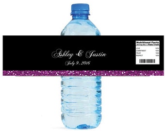 Black background with dark pink glitter stripe Wedding Water Bottle Labels Great for Engagement Bridal Shower Party
