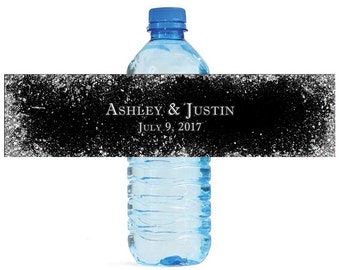 Silver glitter on black background Wedding Water Bottle Labels Great for Engagement Bridal Shower Birthday Party Easy to use self stick