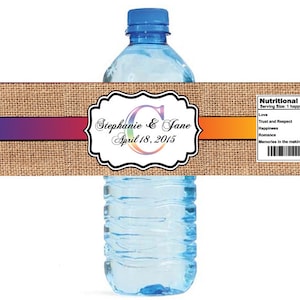 Burlap and Rainbow Wedding Anniversary Engagment Party Water Bottle Labels Customizeable self stick labels gay lesbian pride equal