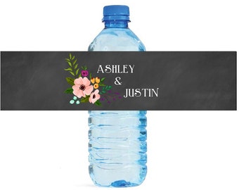 Chalkboard floral Wedding Water Bottle Labels Great for Engagement Bridal Shower Party