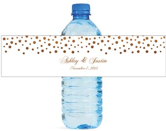 Bronze Confetti on white background Wedding Anniversary Water Bottle Labels Customizable labels self stick, easy to use