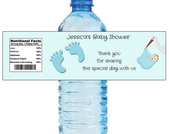 Blue Stork Baby Shower Water Bottle Labels Celebrations Baby coming boy