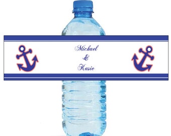 Anchor Nautical Style Blue & Coral Wedding Anniversary Bridal Shower Water Bottle Labels Great for Engagement Party Destination Cruise