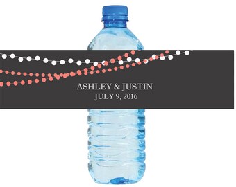 Modern background with Coral colored string lights Wedding Water Bottle Labels Great for Engagement Bridal Shower Party