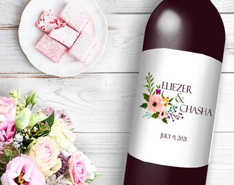 Flower White Background Wine / Beer Bottle Labels Great for Engagement Bridal Shower Party self stick easy to use labels