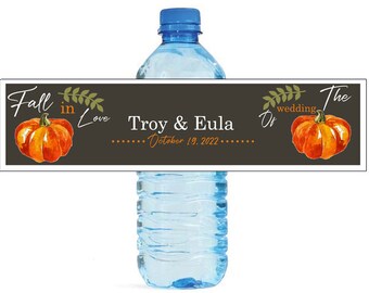 Fall in Love Wedding Anniversary Engagement Party or any Fall Event Water Bottle Labels Customizable self stick labels