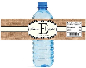 Burlap and Ivory Stripe Monogram Wedding Water Bottle Labels Great for Engagement Bridal Shower Party Easy to use self stick label