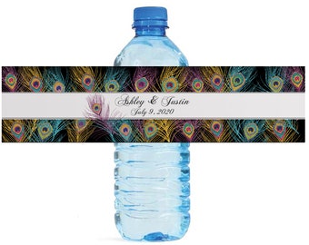 Peacock feathers on black Water Bottle Labels Great for weddings, anniversary, birthday, engagement party and any other special occasion