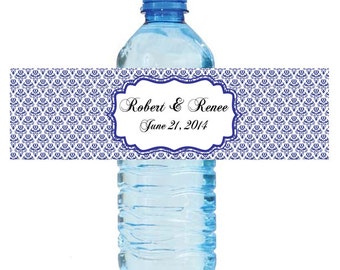 Baroque Navy Blue Wedding Anniversary Water Bottle Labels Great for Engagement Bridal Shower Party