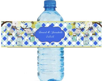 Royal Blue Mason Jar Hanging from Tree Wedding Anniversary Water Bottle Labels Customizeable labels
