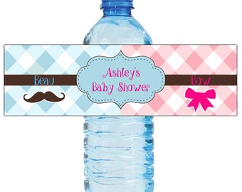 Pastel Beau or Bow Gender Reveal Baby Shower Water Bottle Labels Celebrations Baby coming boy girl Mustache