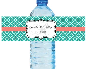 Coral and Teal Monogram Wedding Water Bottle Labels Great for Engagement Bridal Shower Party