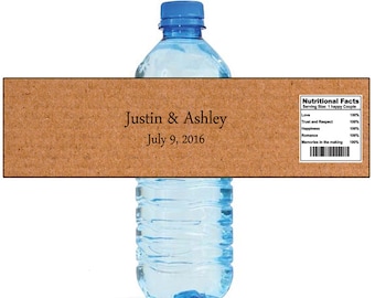 Carboard Brown Wedding Water Bottle Labels Great for Engagement Bridal Shower Party 2 sizes available