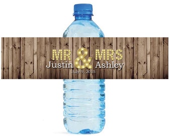 Rustic Wood Marquee Mr. & Mrs Wedding Anniversary Engagment Party Water Bottle Labels Customizeable self stick labels