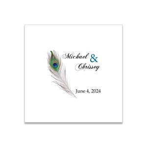 May include: A white wedding invitation with a peacock feather design. The text reads "Michael & Chrissey" and "June 4, 2024".