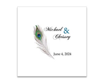 Peacock Themed 3 ply Premium Custom Cocktail Napkins Measure 5"x5" Customize Names & Date or any other message
