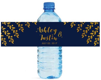 Navy and Gold Laurel Leaves Wedding Water Bottle Labels Great for Weddings Bridal Showers Engagement Party Family Reunions Birthday Partys