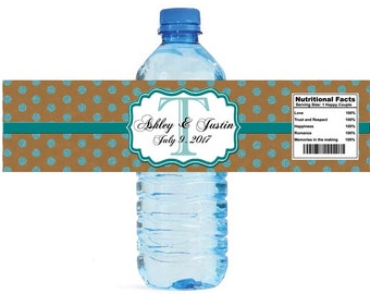 Kraft paper and teal glitter dots Monogram Wedding Water Bottle Labels Great for Engagement Bridal Shower Anniversary Party self stick
