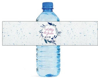 Blue Wreath Floral Wedding Water Bottle Labels Great for Engagement Bridal Shower Birthday Party, family reunions  Easy to use labels