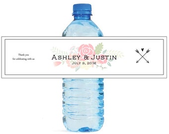 Shabby Chic arrows and flowers Wedding Anniversary Water Bottle Labels Customizable labels Self stick, easy to use festive labels