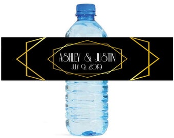 Gold Geometric on Black Water Bottle Labels Great for Wedding Engagement Bridal Shower Birthday Party Sweet 16 Party