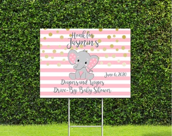 Diapers and Wipes Drive by Baby Shower Sign Customizable Baby Elephant Pink and White 18"x24" Sign with Stake