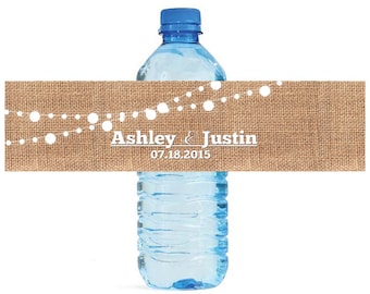 Burlap and White Market Lights Wedding Water Bottle Labels Great for Engagement Bridal Shower Party 2 sizes available