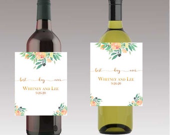 Floral Best Day Ever Wine / Beer Bottle Labels Great for Engagement Bridal Shower Party self stick easy to use labels