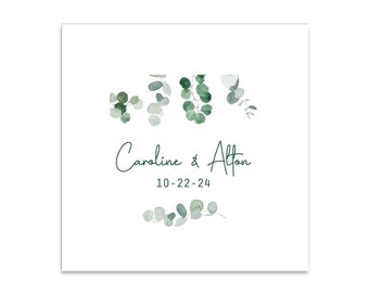 Modern Greenery Themed 3 ply Premium Custom Cocktail Napkins Measure 5"x5" Customize Names & Date or any other message