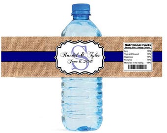Burlap with Navy Blue Stripe Monogram Wedding Water Bottle Labels Great for Engagement Bridal Shower Party