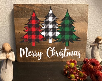 Plaid Christmas Trees with Merry Christmas on bottom, Hand made and stained Wood Sign