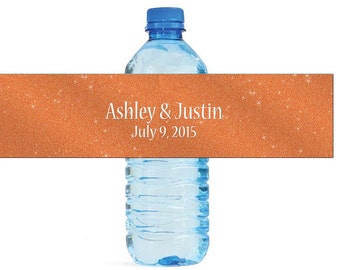 Modern Orange Glitter Wedding Water Bottle Labels Great for Engagement Bridal Shower Party