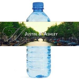 Canals of Amsterdam Monogram Wedding Anniversary Bridal Shower Water Bottle Labels Great for Engagement Party