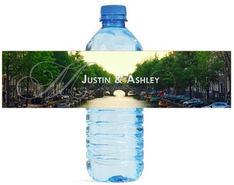 Canals of Amsterdam Monogram Wedding Anniversary Bridal Shower Water Bottle Labels Great for Engagement Party