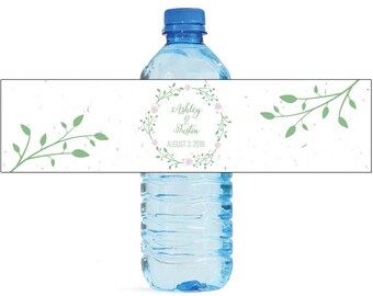 Green Wreath and Pink Flowers white background Wedding Water Bottle Labels Great for Engagement Bridal Shower Birthday Party