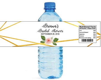 Geometric Gold & Pink Peonies Floral Wedding Water Bottle Labels Great for Engagement Bridal Shower Birthday Party Sweet 16 Spring Party