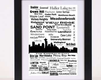 Seattle Communites and Neighborhoods Skyline Poster Emerald City