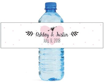 Pink heart white background Wedding Water Bottle Labels Great for Engagement Bridal Shower Party modern polka dots easy to use labels