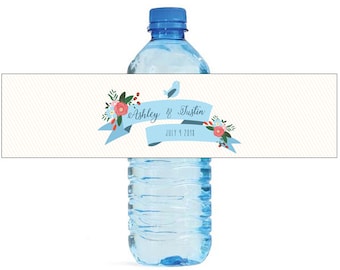 Bird and flowers Wedding Anniversary Water Bottle Labels Great for Engagement Bridal Shower Birthday Party Easy to use self stick label