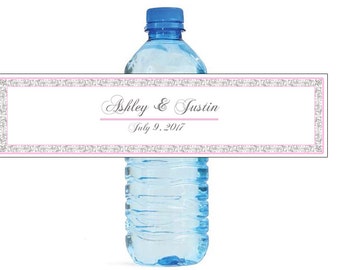 Grey Lace and Pink Border Wedding Water Bottle Labels Great for Engagement Bridal Shower Birthday Party Easy to use self stick