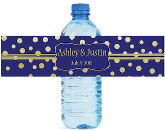 Gold Confetti on Navy Blue background Wedding Anniversary Water Bottle Labels Customizable labels