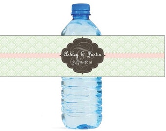 Mint Green with Pink Stripe Monogram Wedding Water Bottle Labels Great for Engagement Bridal Shower Party
